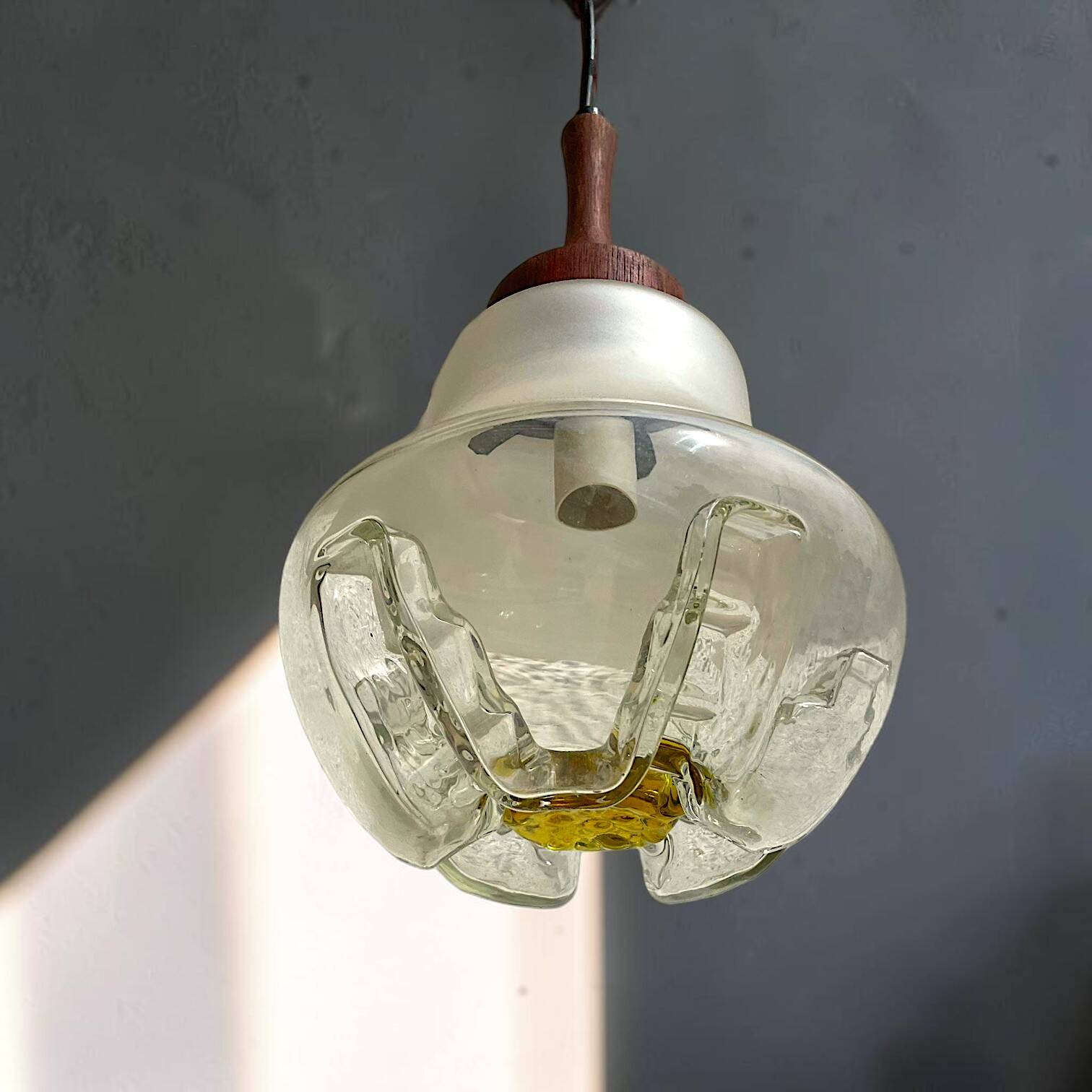 Teak wood and Mazzega style glass pendant lamp