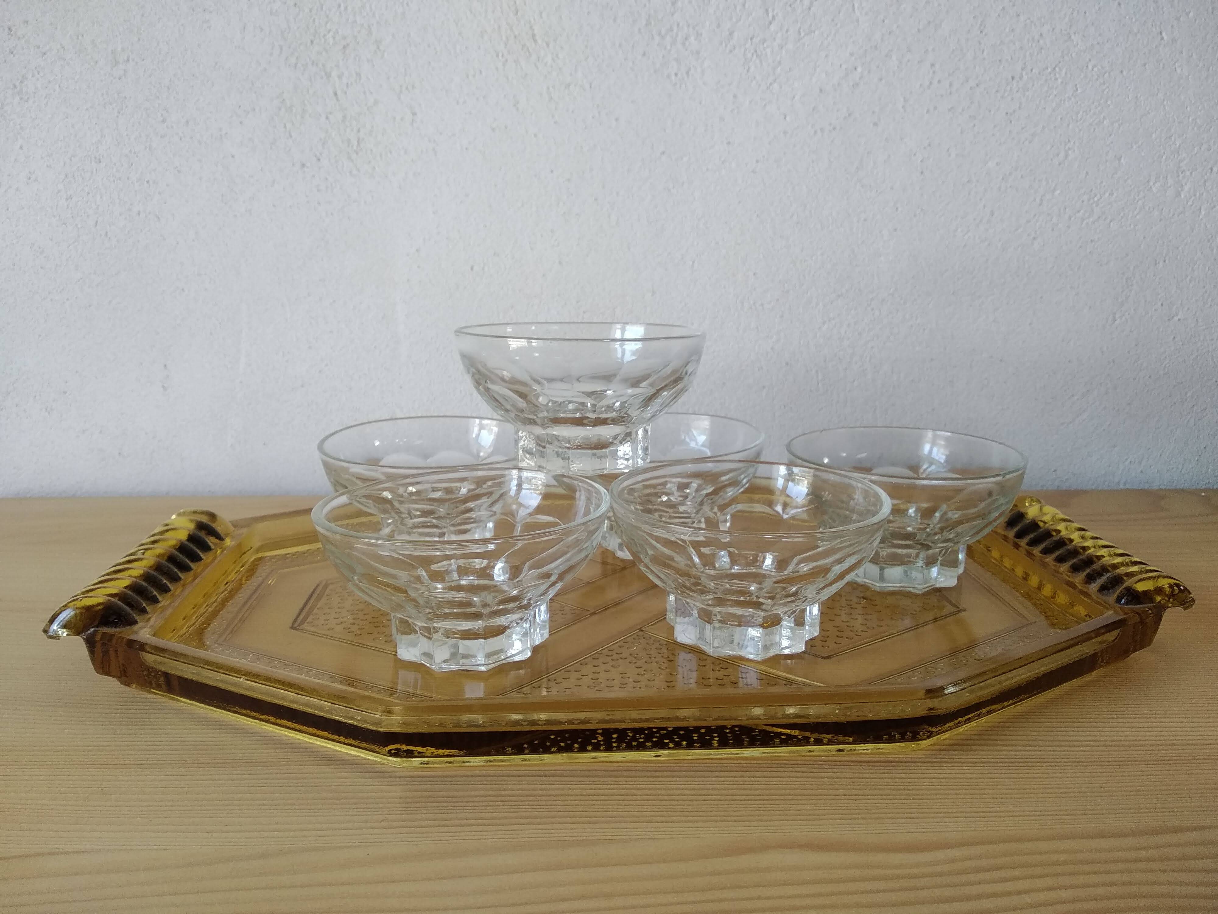 Art Deco pink pressed glass octagonal tray
