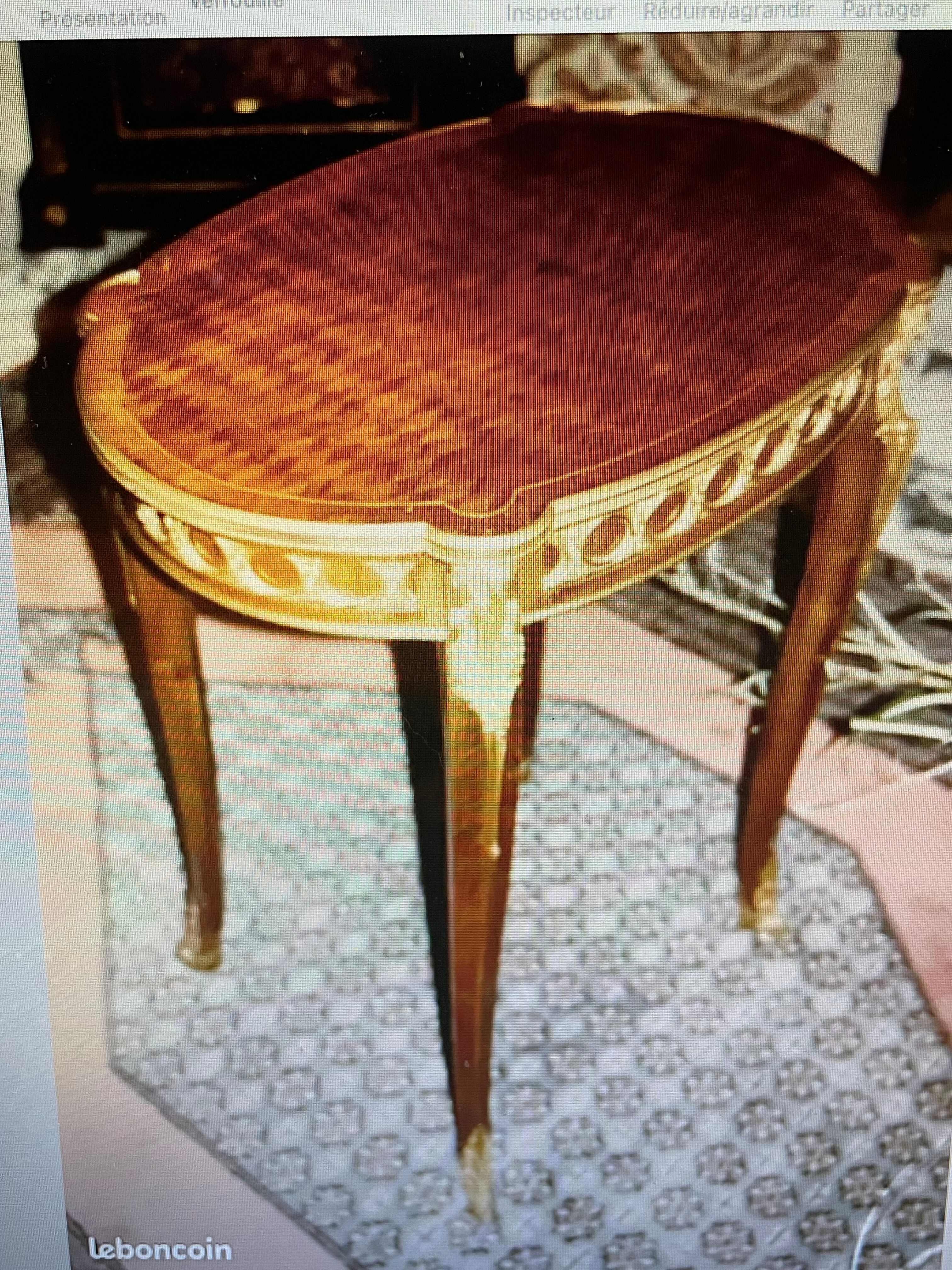 Living room table in Louis XV-Louis XVI transitional style with marquetry and bronze.