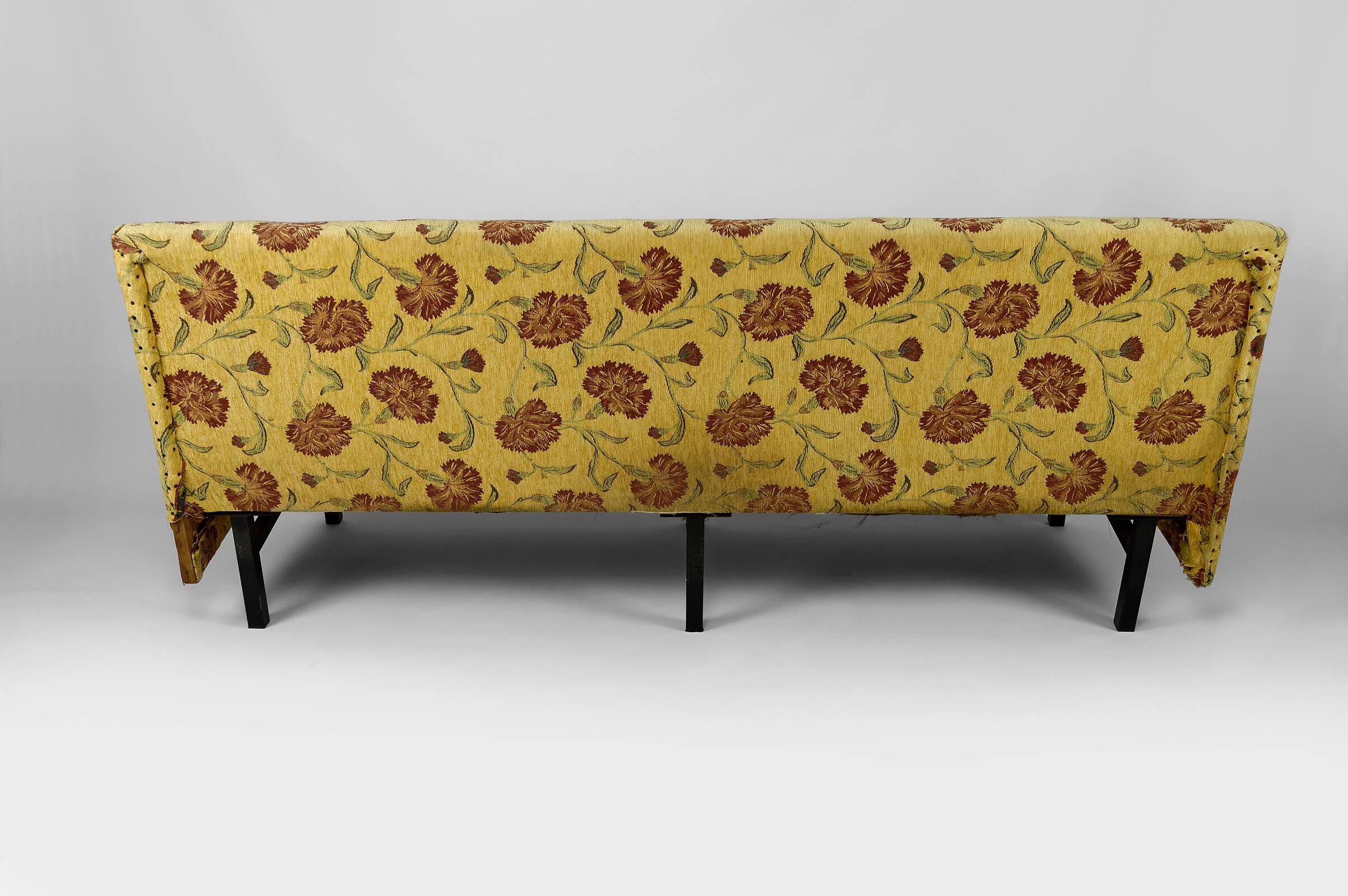Bench with yellow and red floral fabric, France, circa 1960
