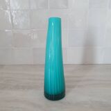 Curved turquoise blue blown glass soliflore vase