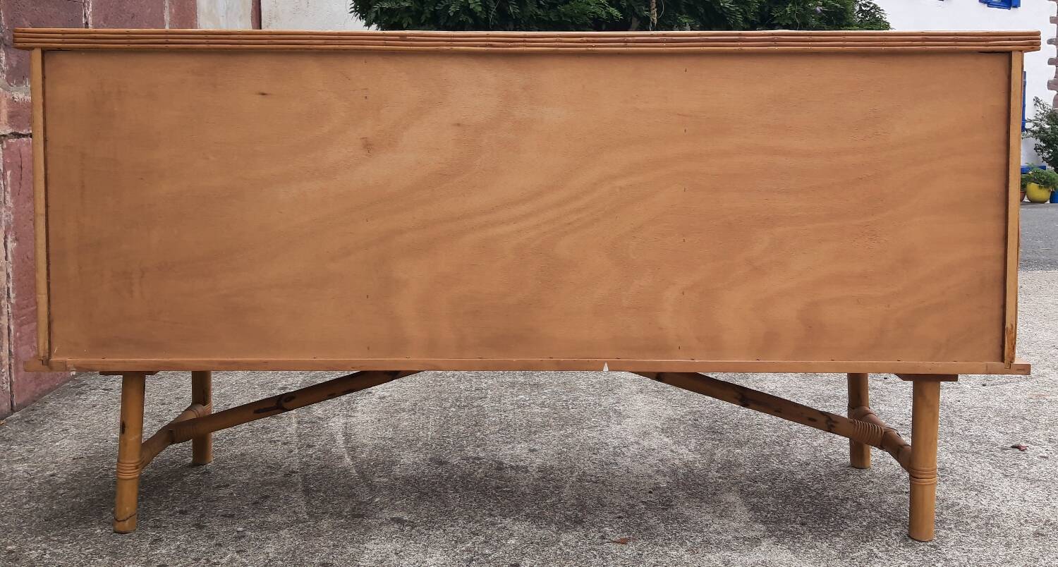 Console table in rattan and bamboo, (Attributed to Audoux-Minet)