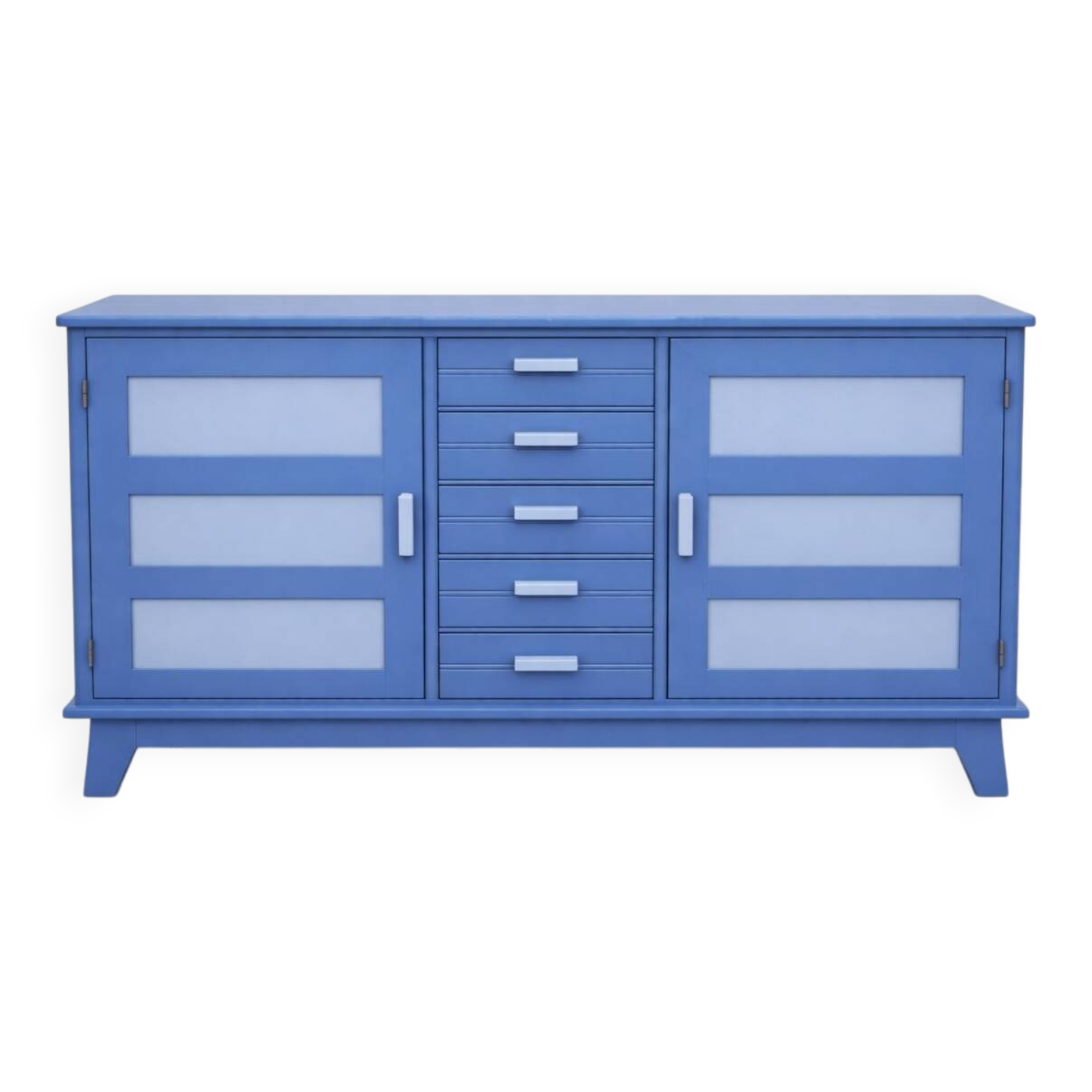 Buffet bas en bois peint bleu avec portes et tiroirs