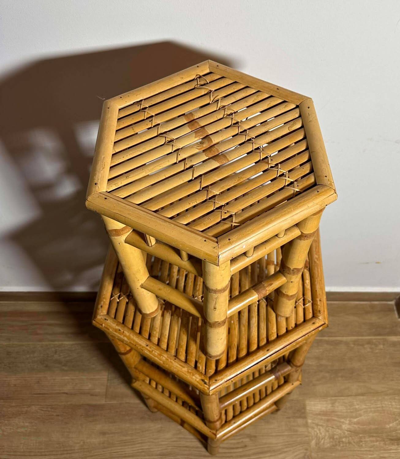 Vintage Boho Mid Century Bamboo Hexagonal Side Coffee Tables Flower Stools