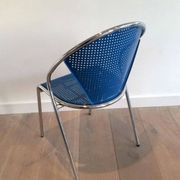Set of 4 chrome chairs with perforated seats in blue lacquered metal