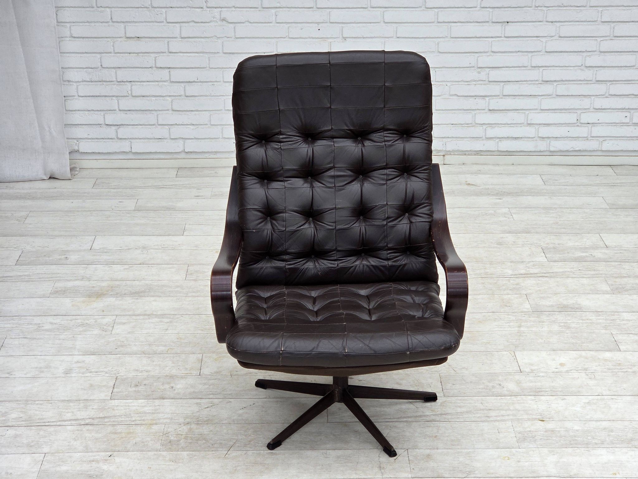 1970s, Scandinavian swivel armchair, original patchwork furniture leather.