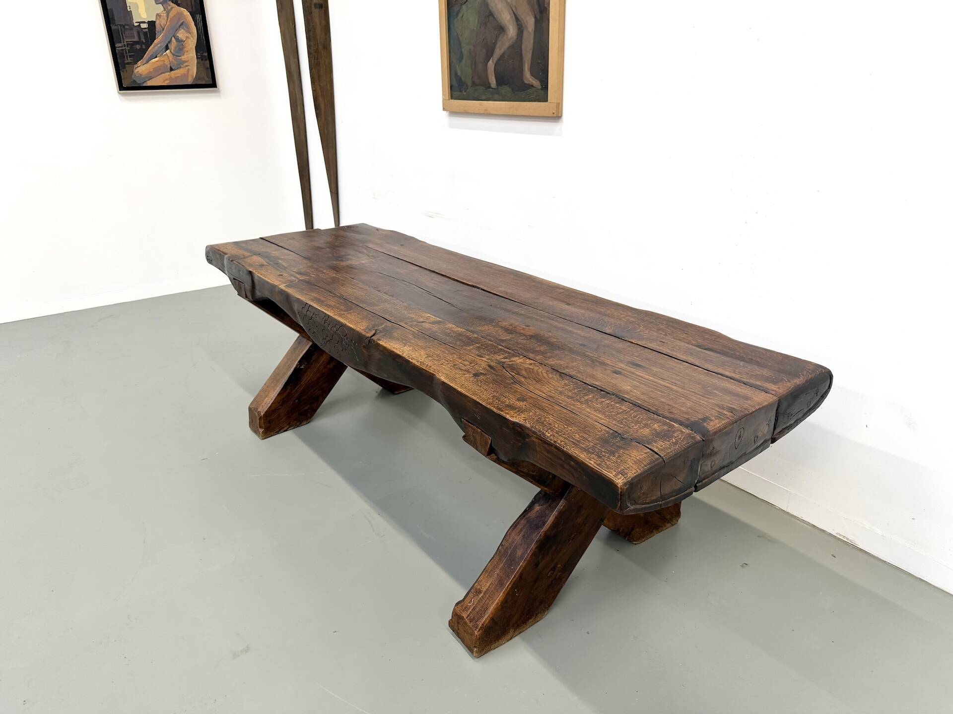 Table Brutaliste en Chêne Massif, Art Populaire (Vers 1900)