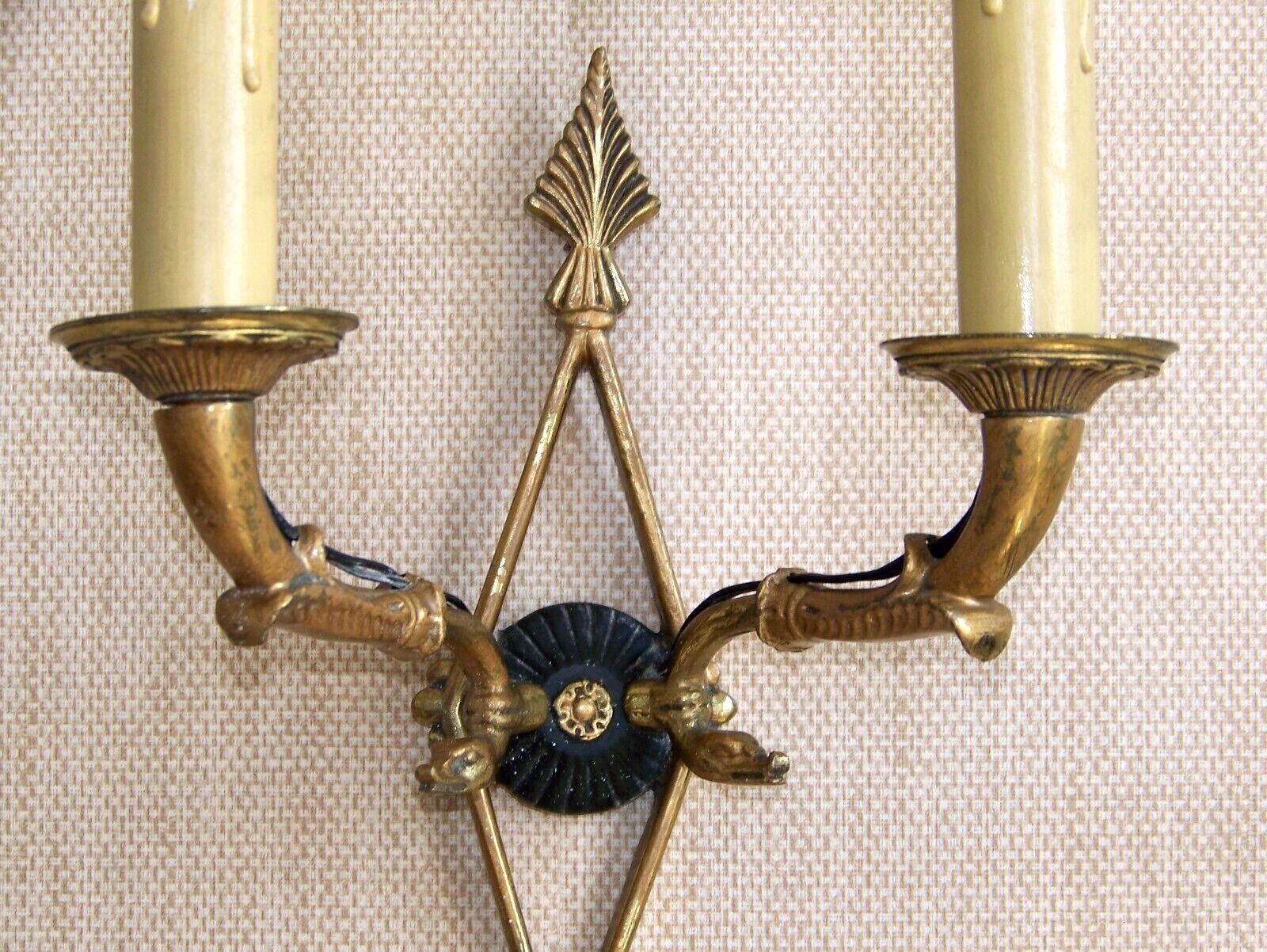 French antique bronze double Empire wall sconce with arrow and swan detail 4317.
