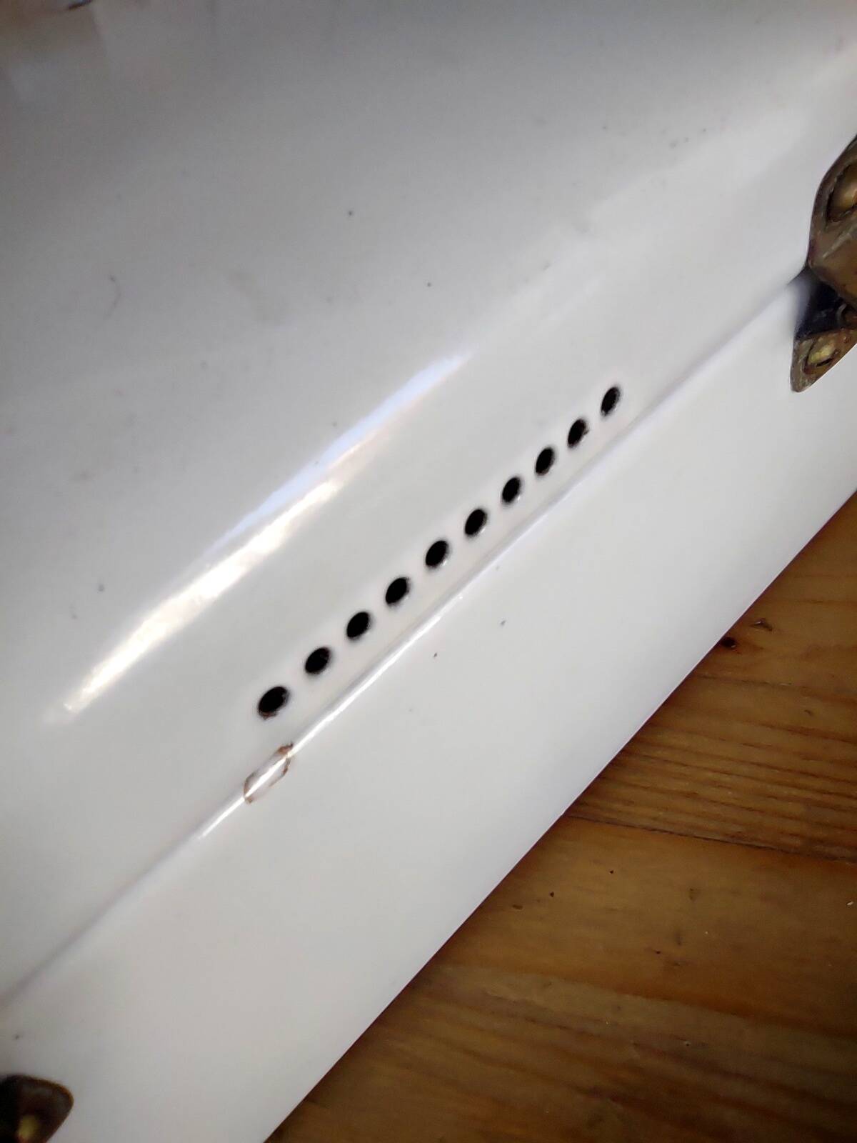 Vintage bread box - white enamel and brass - retro