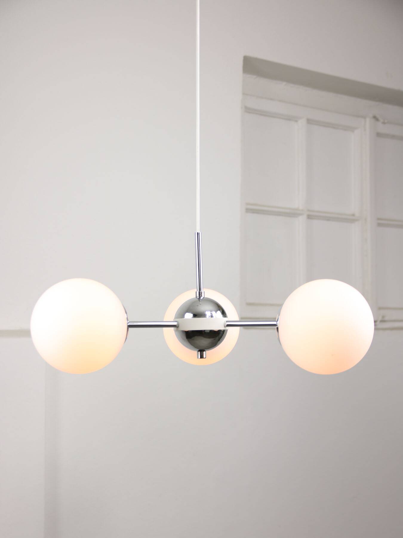 Vintage Italian Chrome and Opaline Sputnik Chandelier, 70s