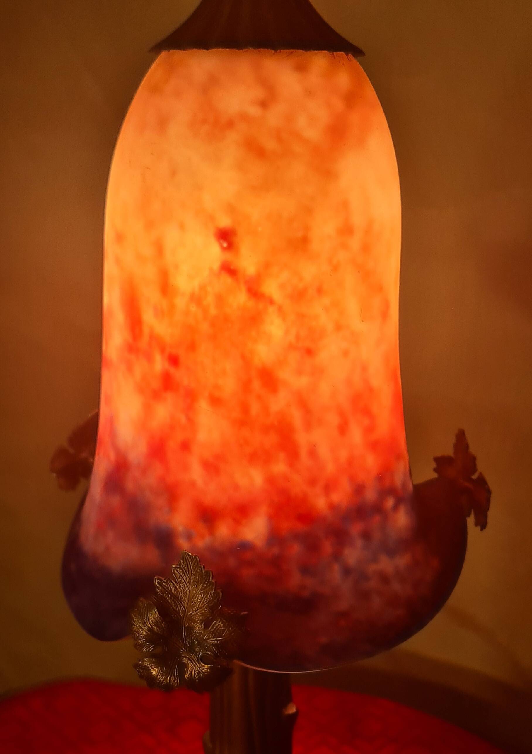 lampe bronze abat jour pate de verre signé eross de france nancy 40x16