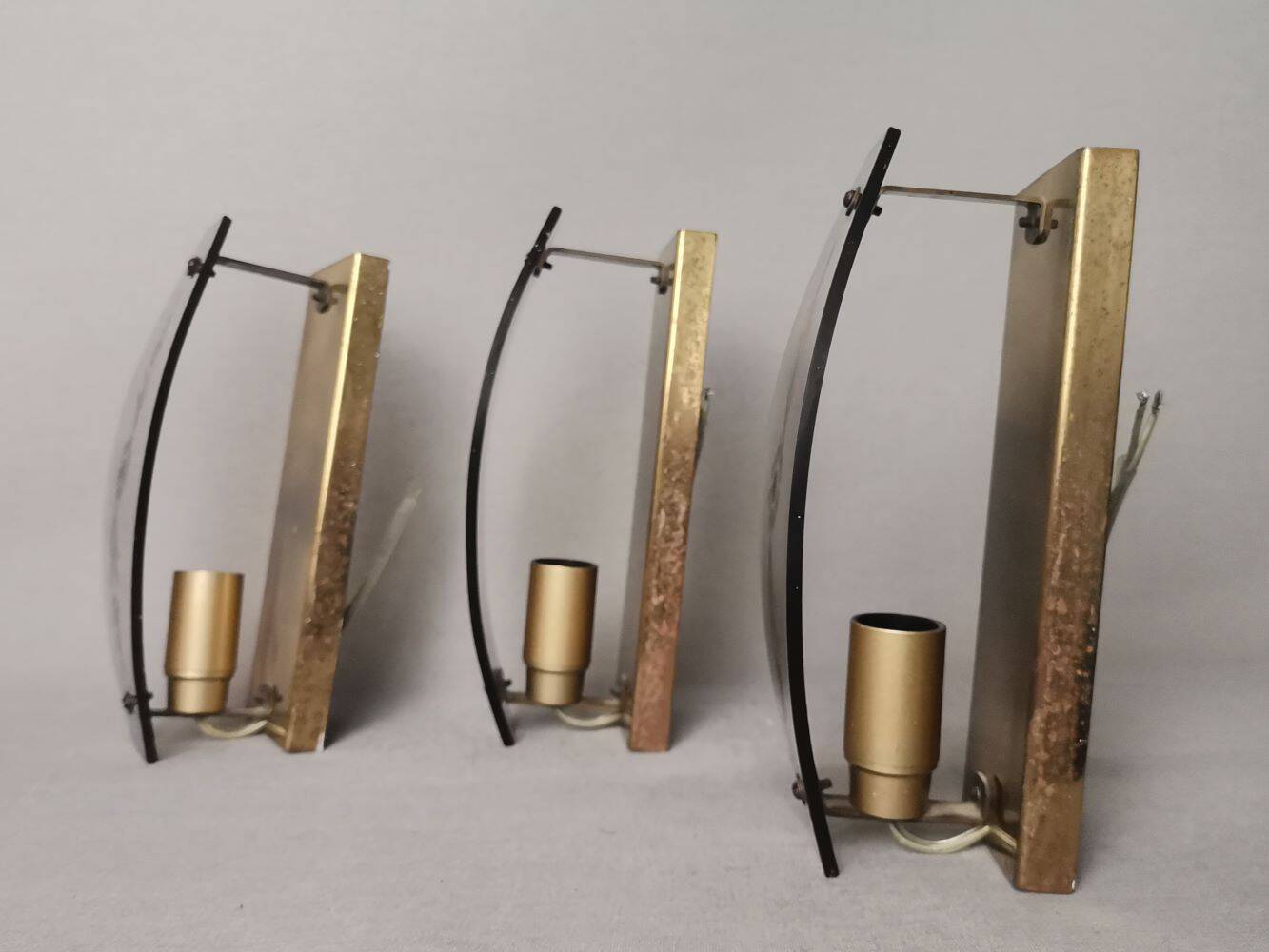 Set of 3 smoked glass and brass wall sconce lamps