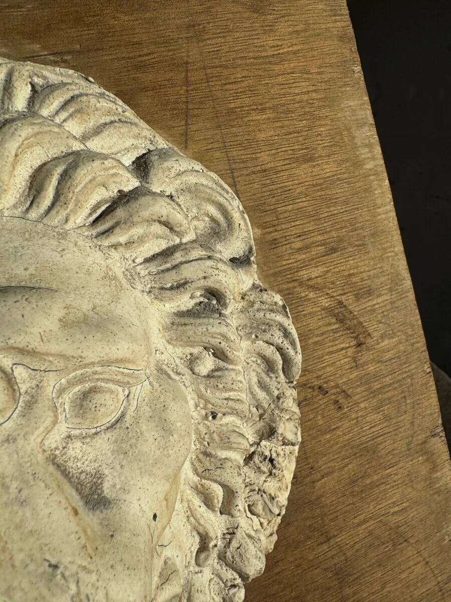 Off-white plaster lion head relief on natural wood panel — Walter De Buck, classical decorative sculpture