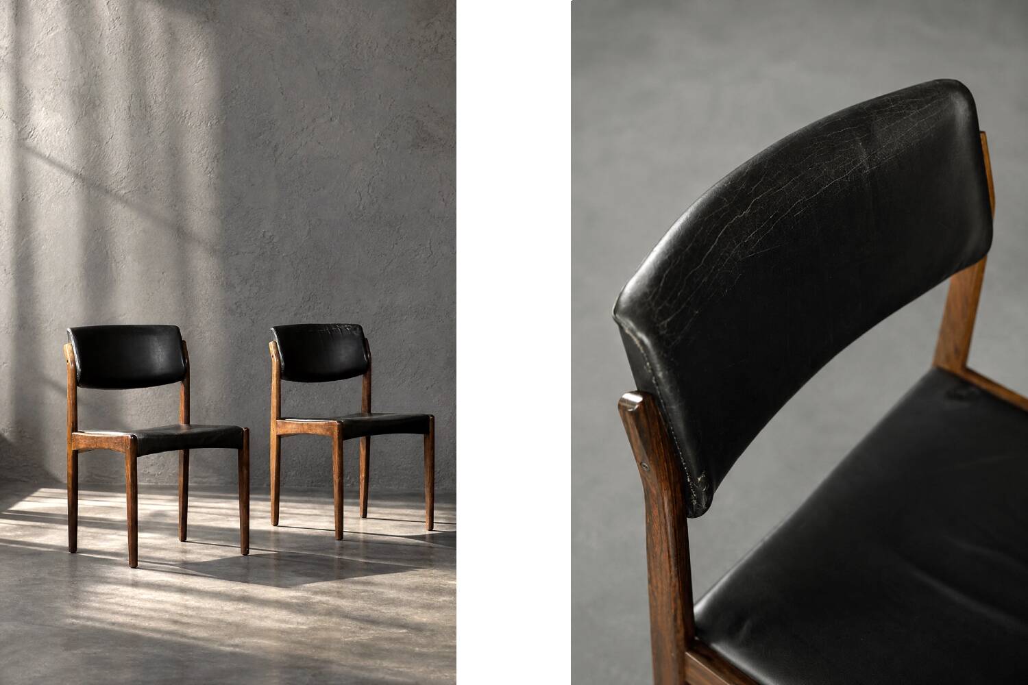Set of 3 Vintage Mid-Century Danish Modern Rosewood & Black Leather Chairs