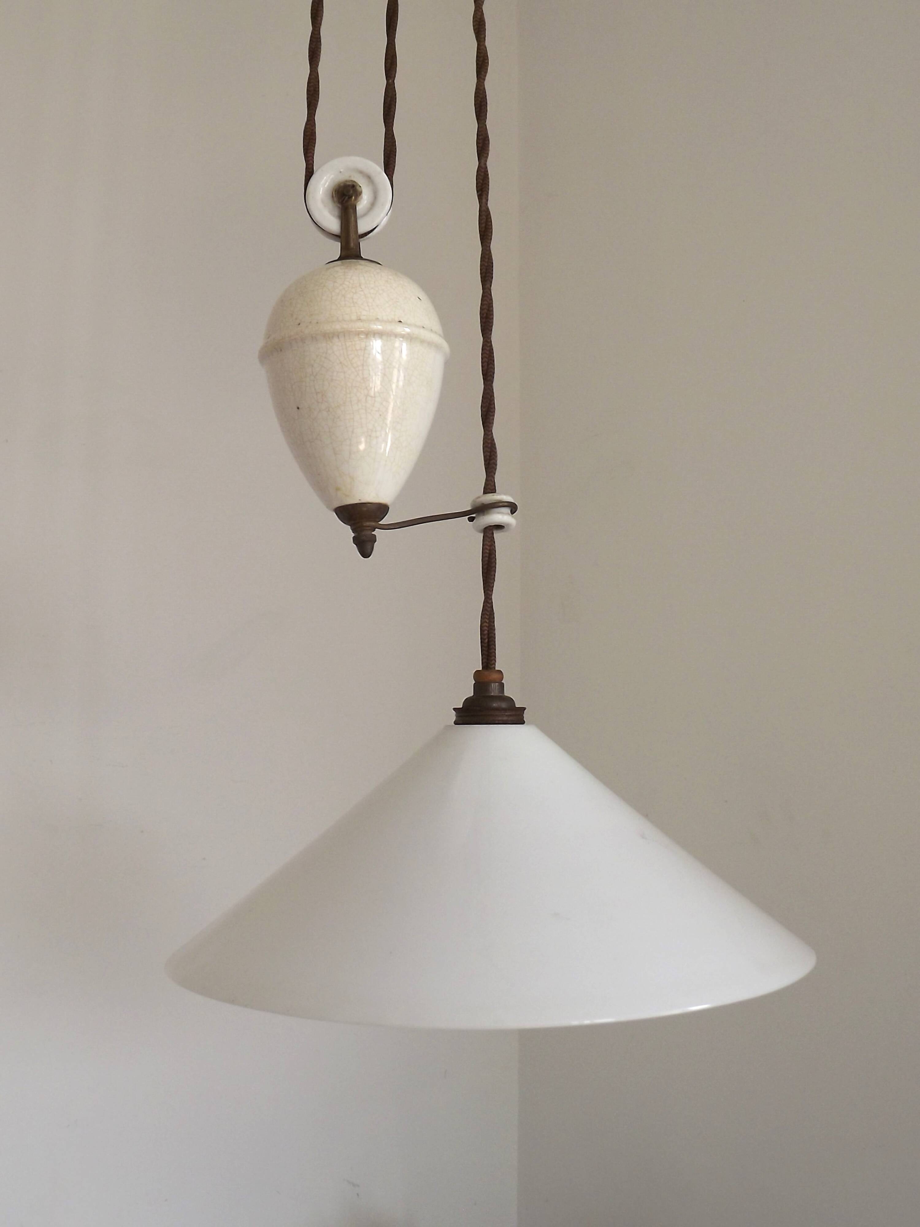 Vintage French Rise & Fall Counterbalance Ceiling Light Opaline Glass Shade