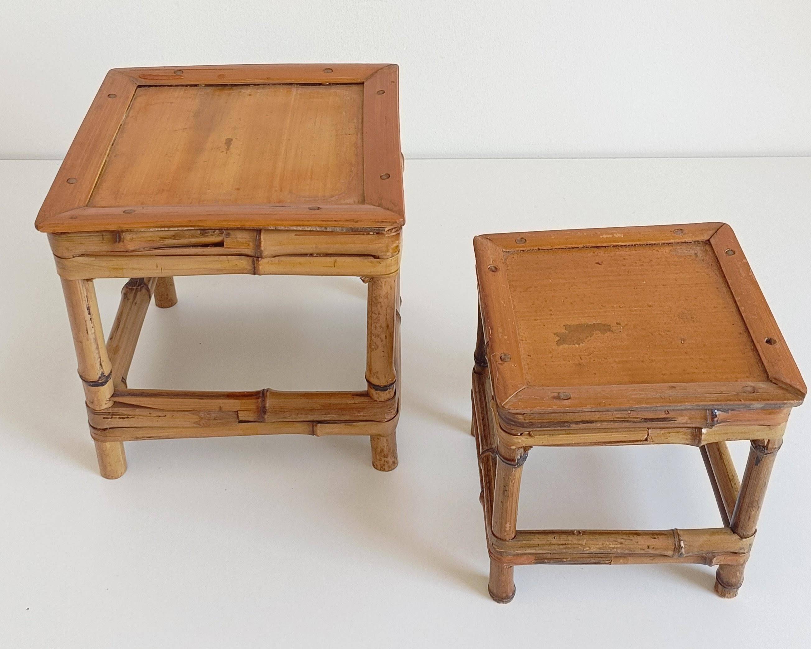 1950s Mid-Century French Bamboo and Wood Plant Pedestals, Hand-Crafted