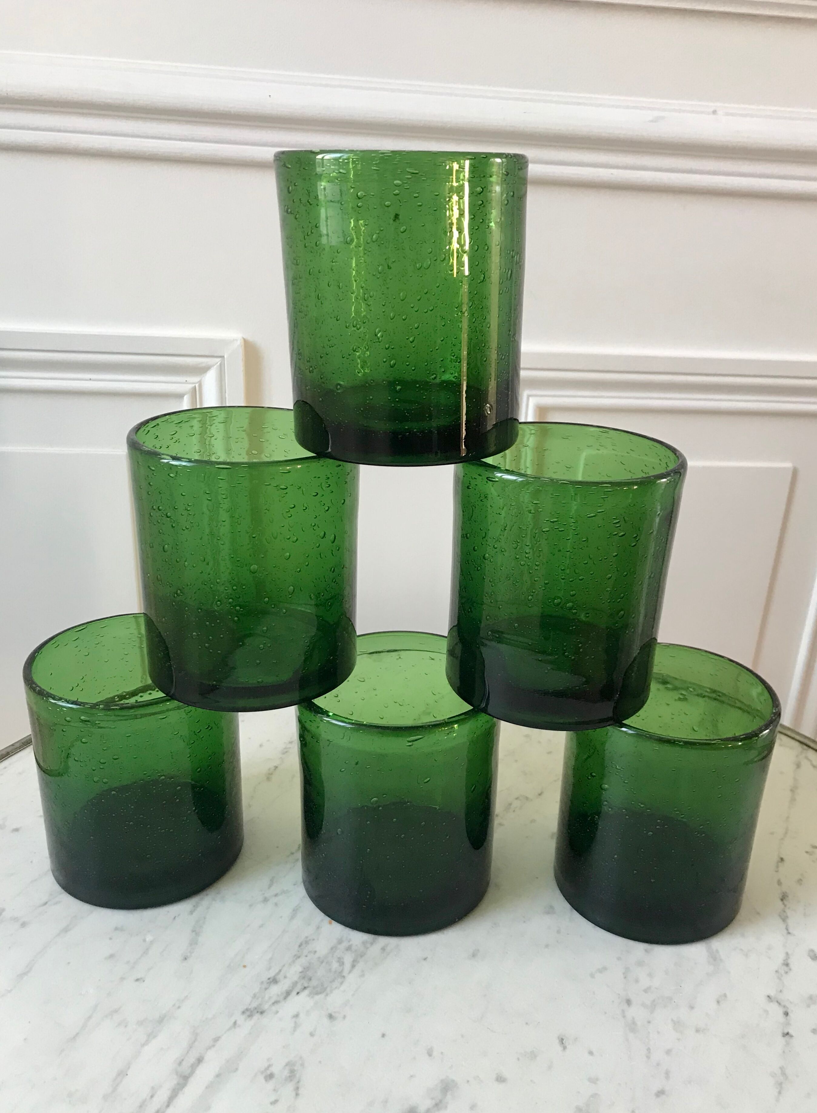 Set of 6 green water glasses bubbled glass  70s