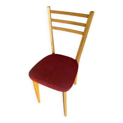 Chaise Ancienne Scandinave Hêtre + Assise Tissu Rouge Vintage 60’s