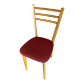 Chaise Ancienne Scandinave Hêtre + Assise Tissu Rouge Vintage 60’s