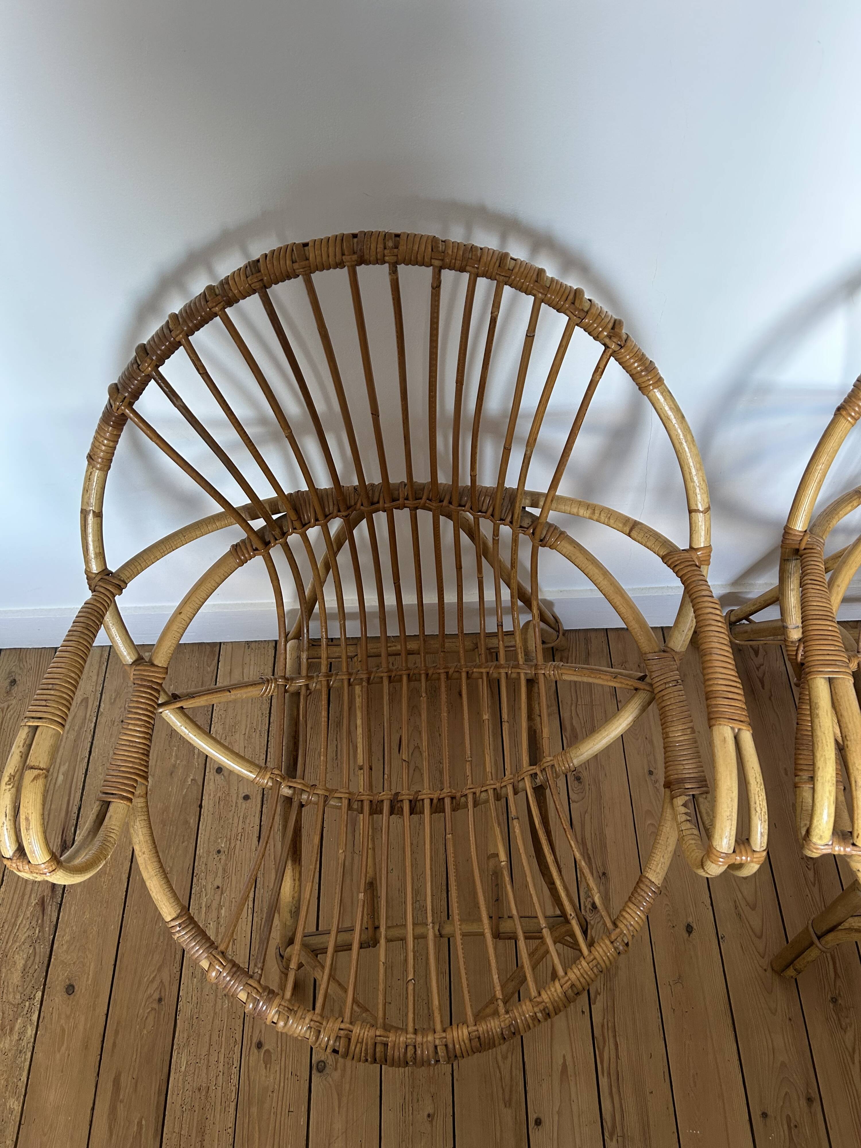 Pair of 1970s rattan shell chairs