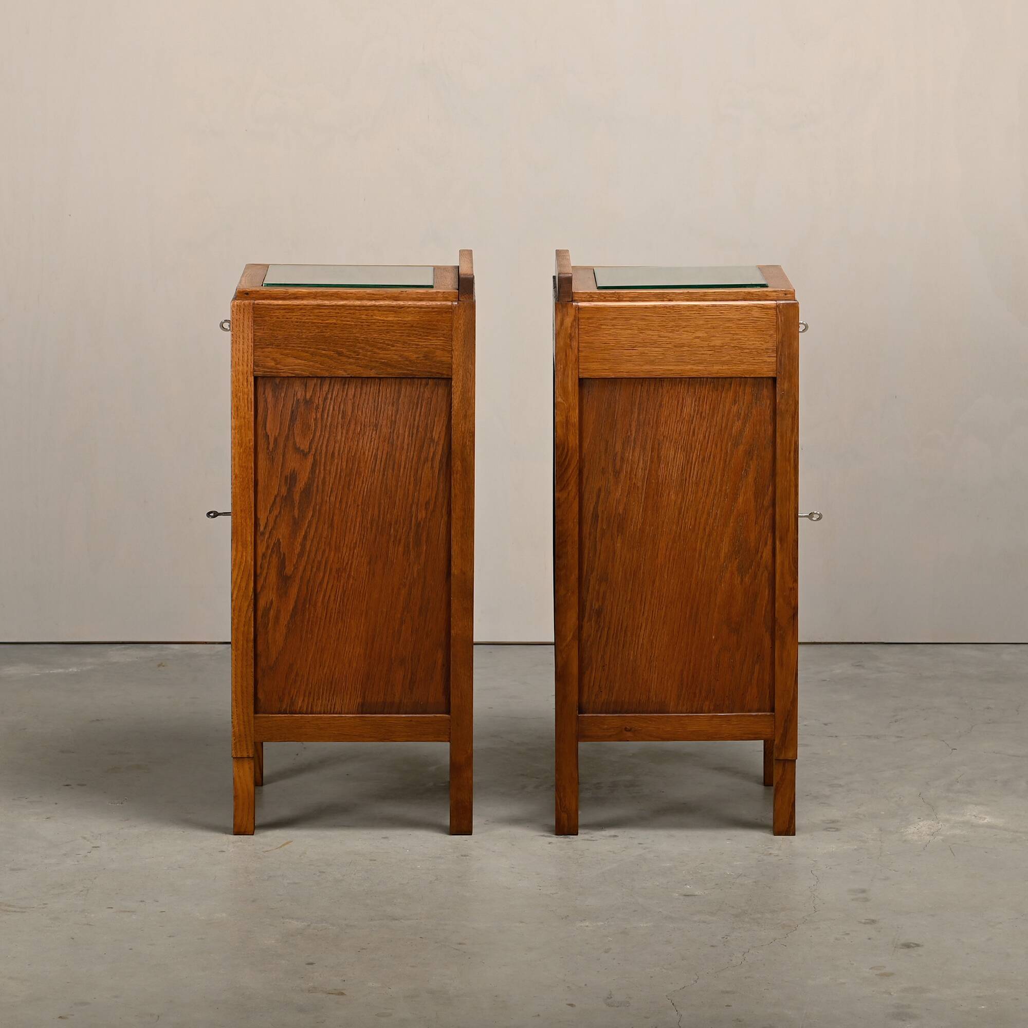Art Deco Amsterdam School Nightstands oak wood and glass, 1930s Netherlands