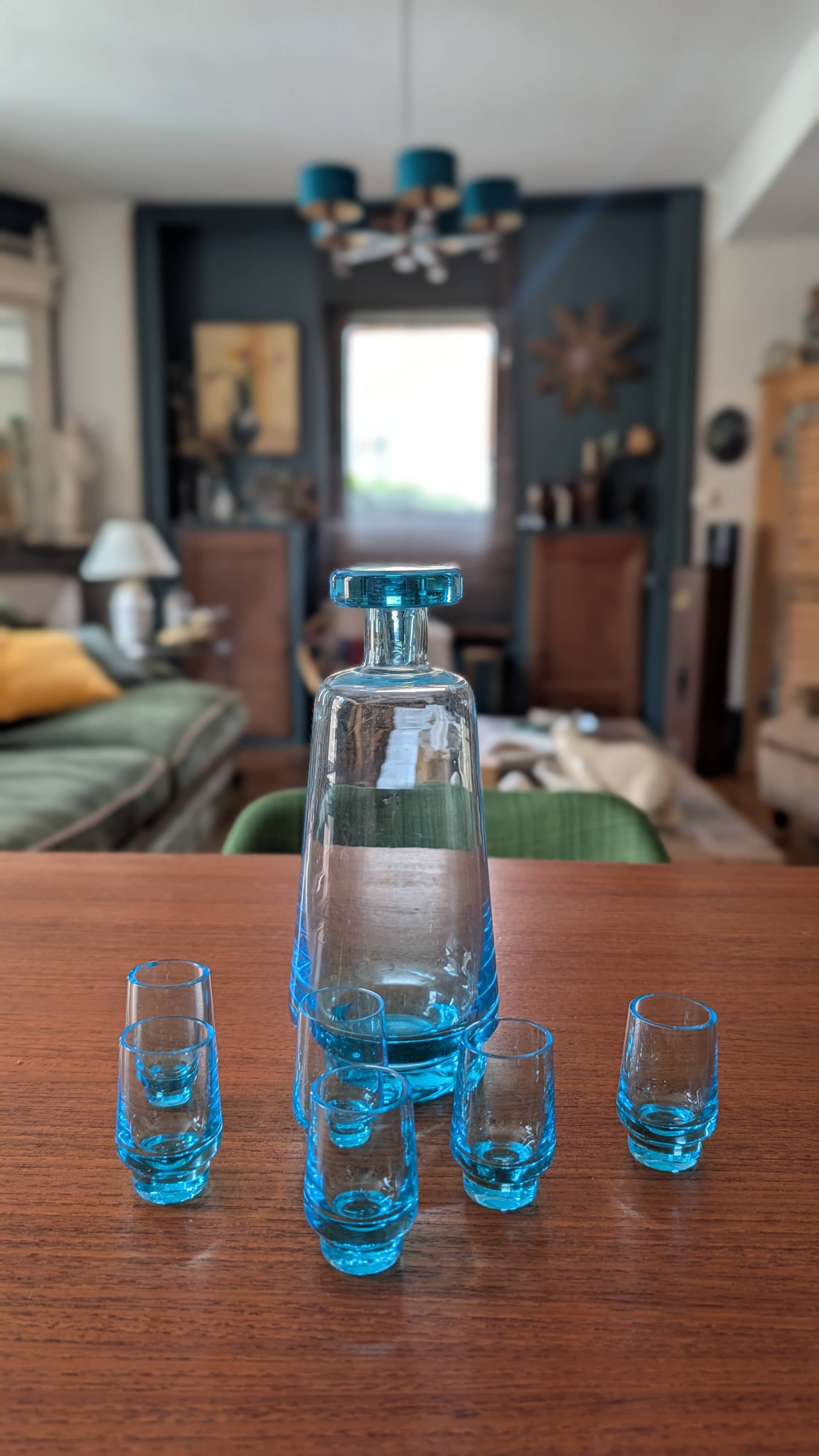 Smoky blue glass liqueur set from the 70s.