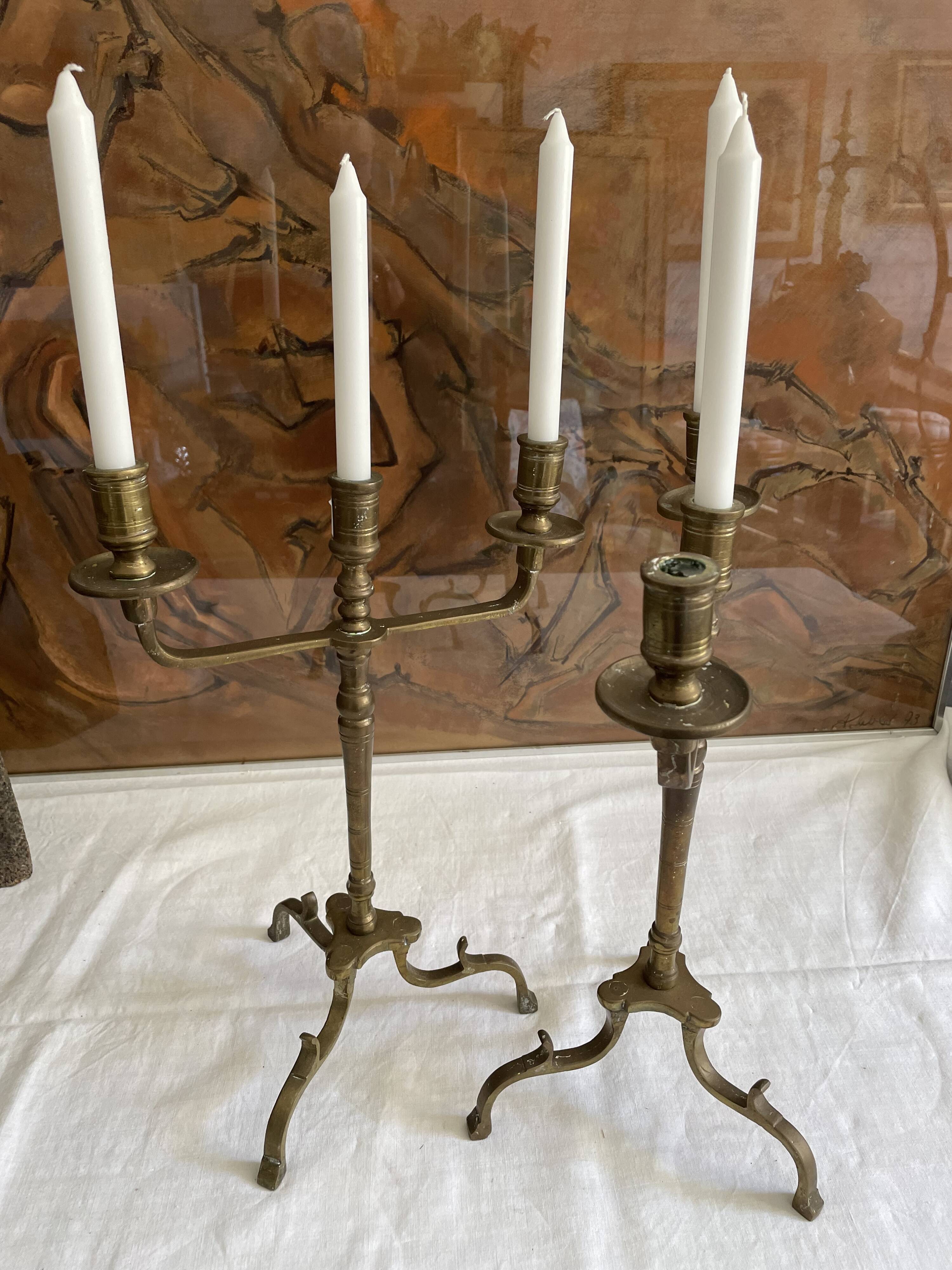 Pair of 3-spoke brass candlesticks