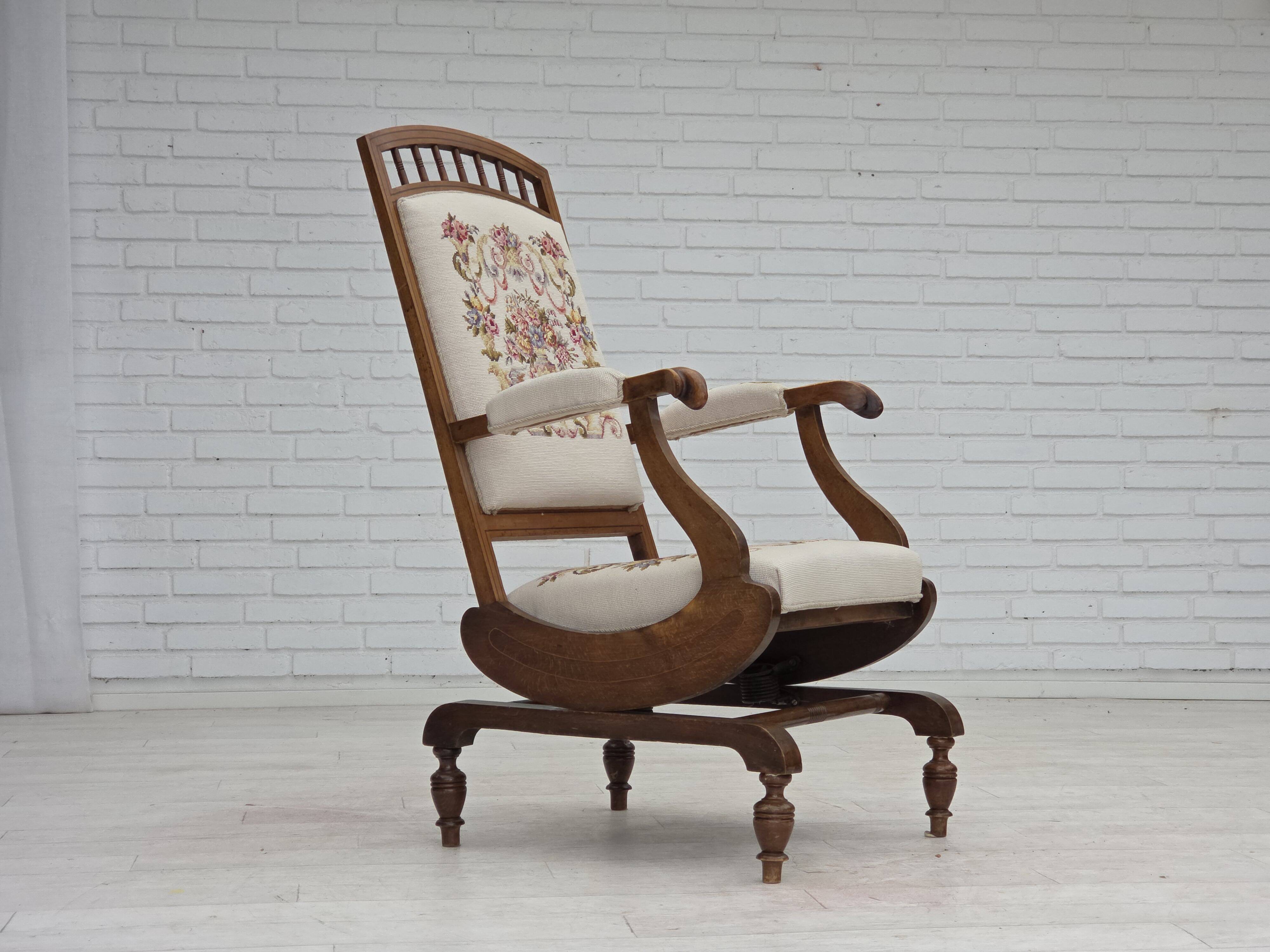 1930s, Danish highback rocking chair, original hand woven wool, ash wood.