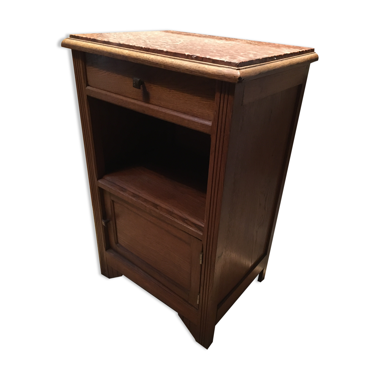Solid oak bedside table with brown marble.