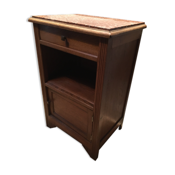 Solid oak bedside table with brown marble.