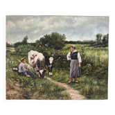 Les vaches bien gardées, paysage, huile sur toile signé