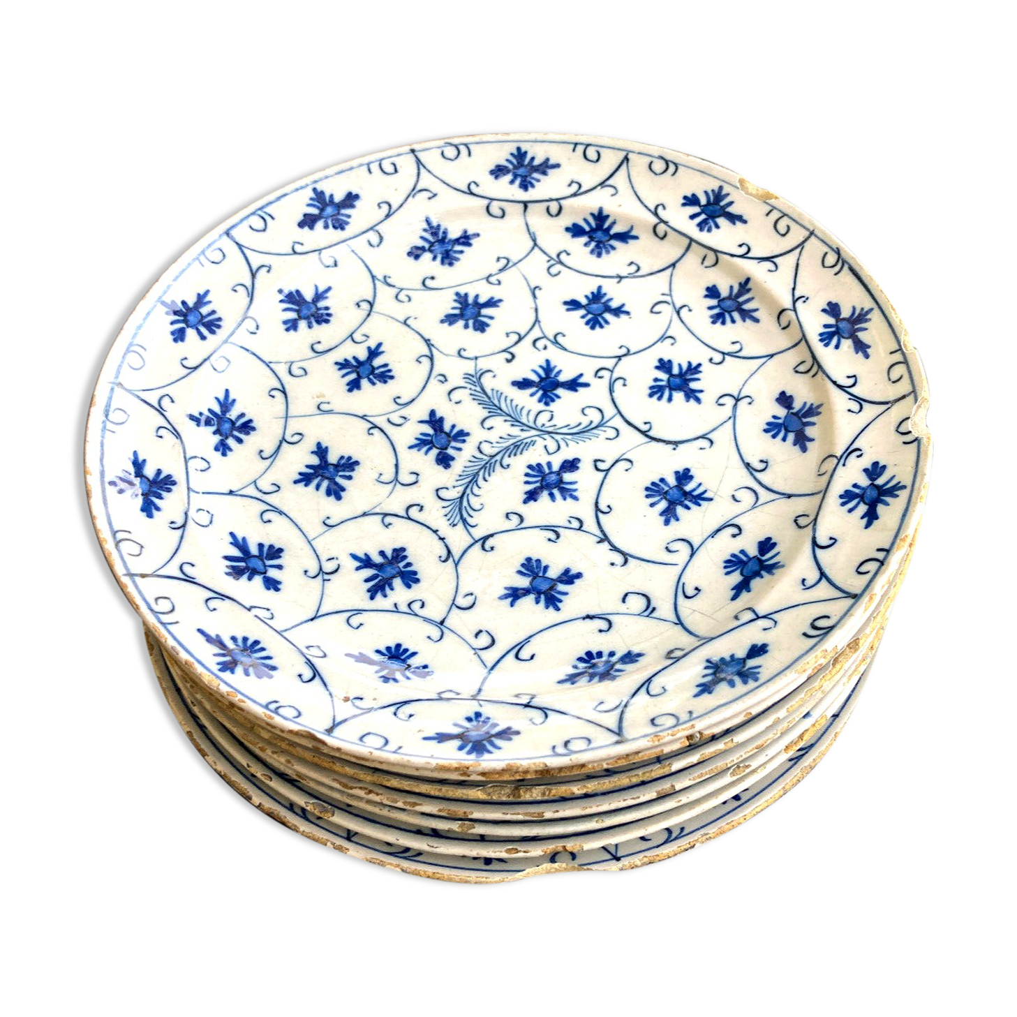 Lot de 7 assiettes faience XVIIIe - camaieu bleu