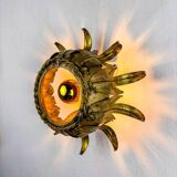 Sunburst ceiling light fixture or sconce in gilt wrought iron, Spain, 1960s