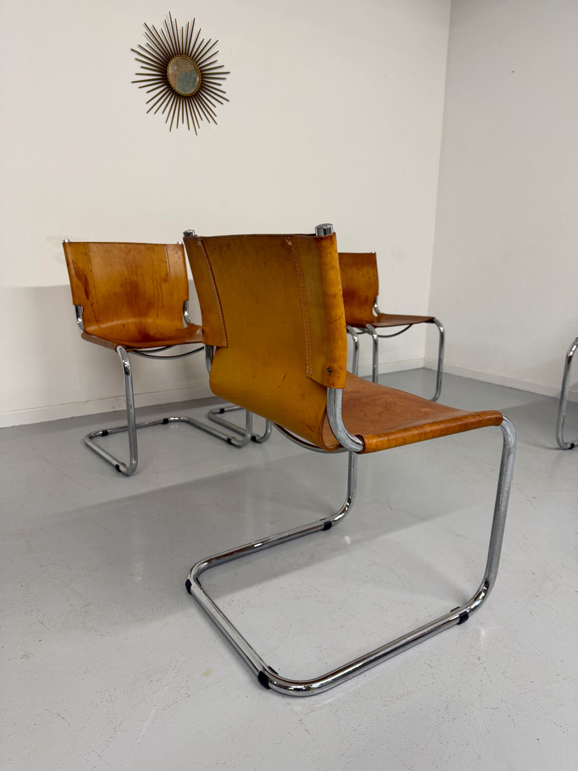 Lot of 5 tubular chairs Mart Stam edition Fasem vintage patinated leather
