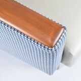 Mid- century modern armchair, 1970s, restored, blue and white velvet, pied de poule fabric