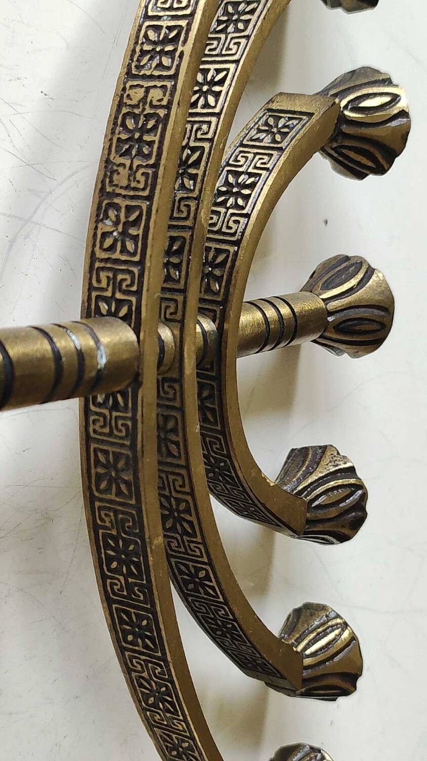 Jerusalem Menorah. Modernist style. In antique gold patinated brass. Dimensions: 15 x 20