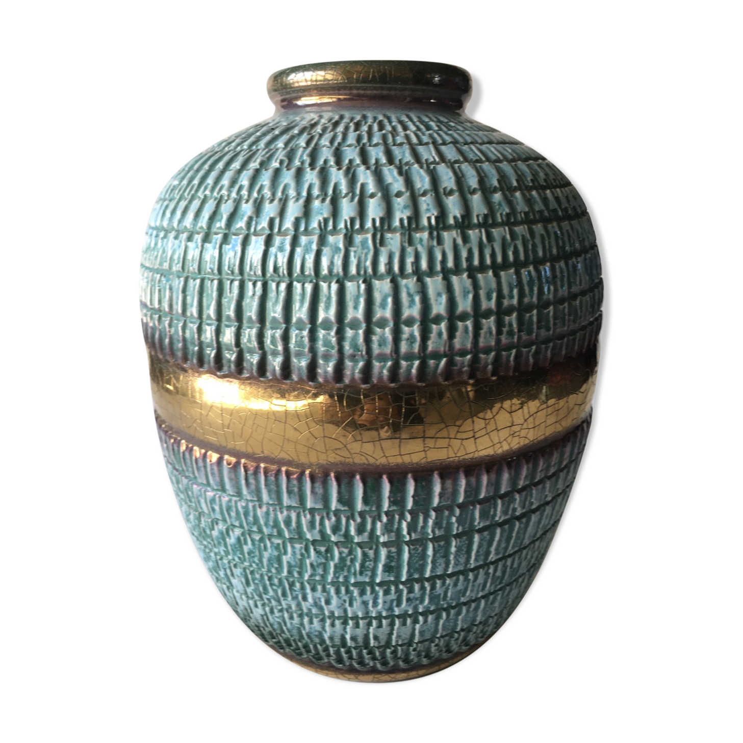 Celt and gold cracked art deco vase