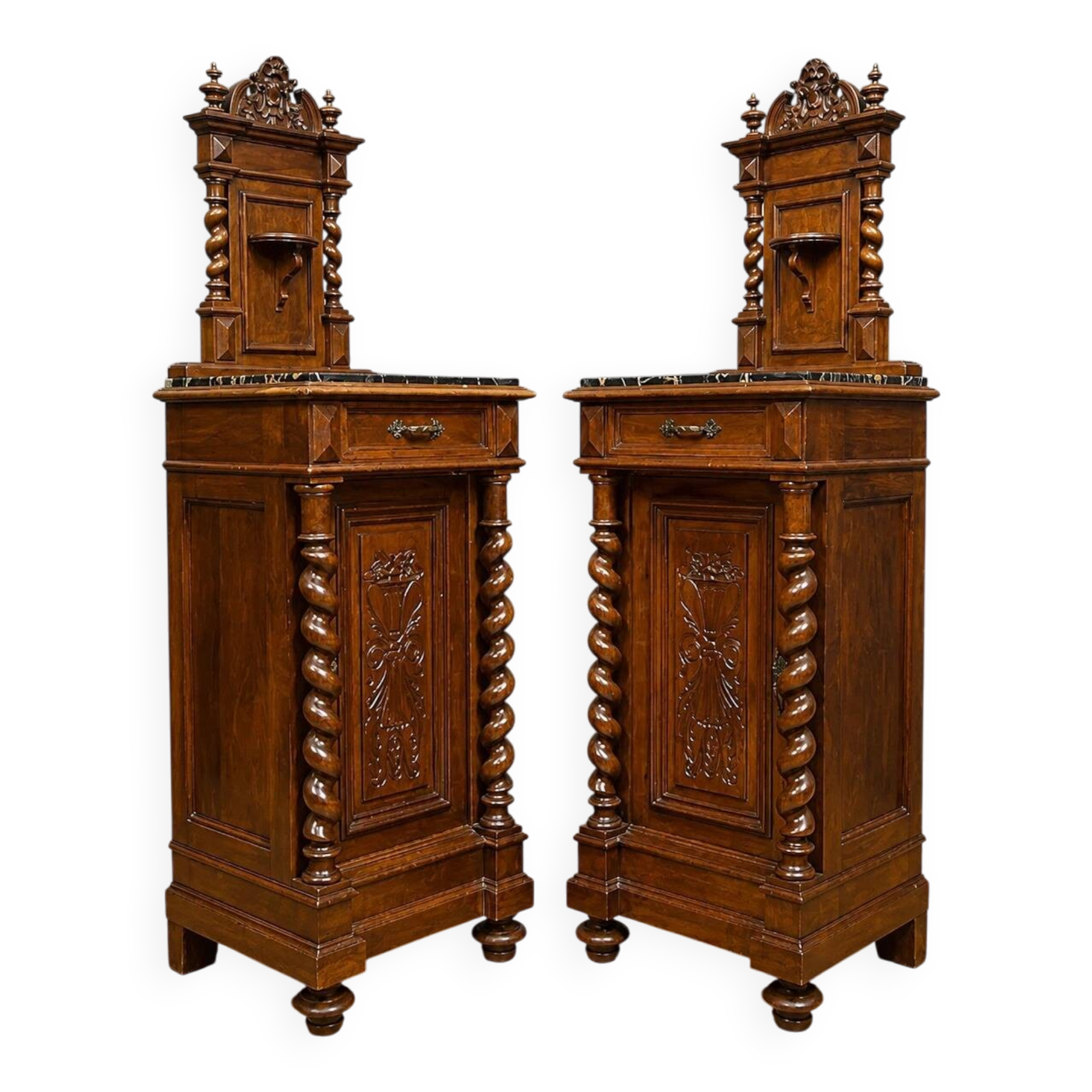 Pair of small side tables or bedside tables from the Napoléon III period, in walnut.