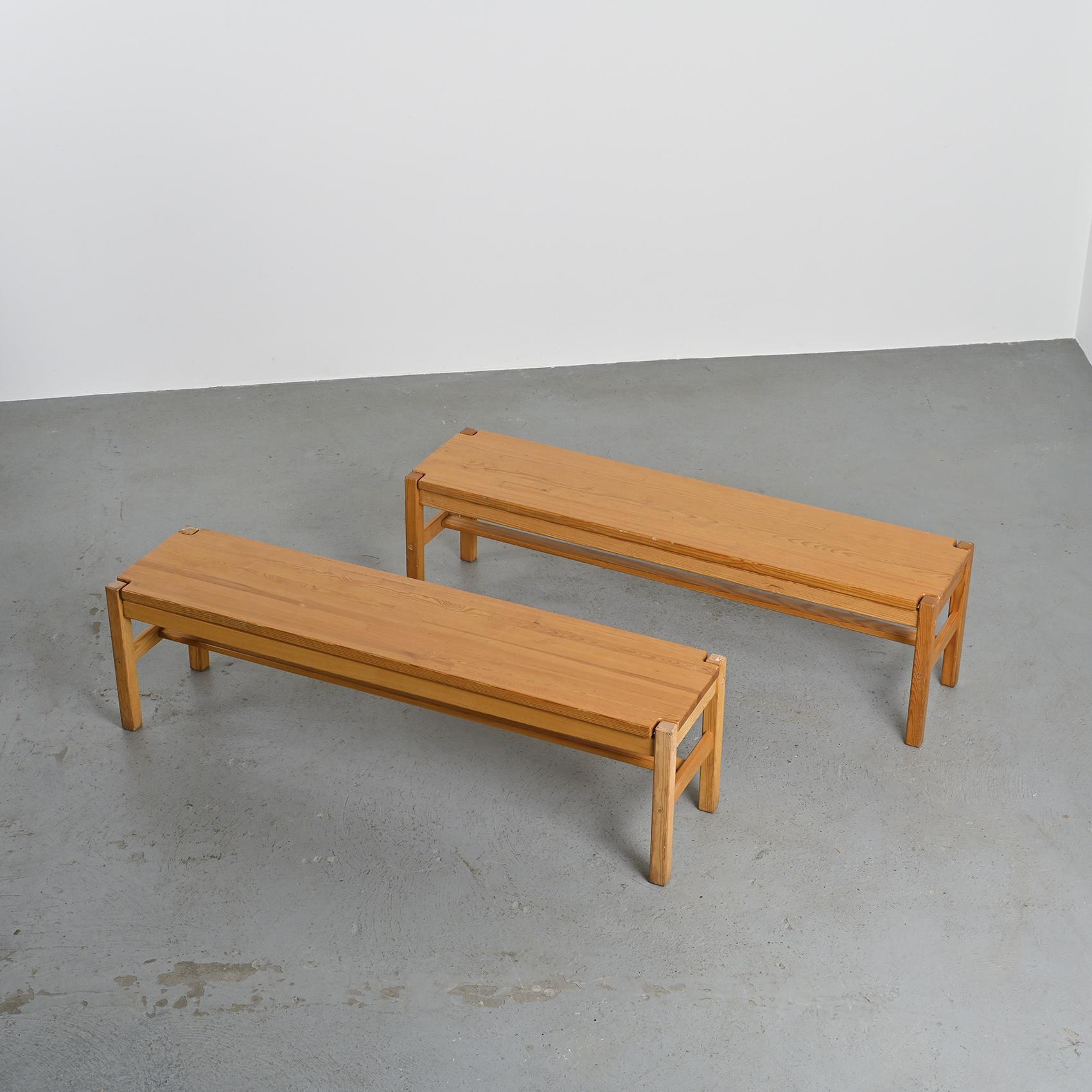 Table and two benches set in solid elm, France, circa 1980