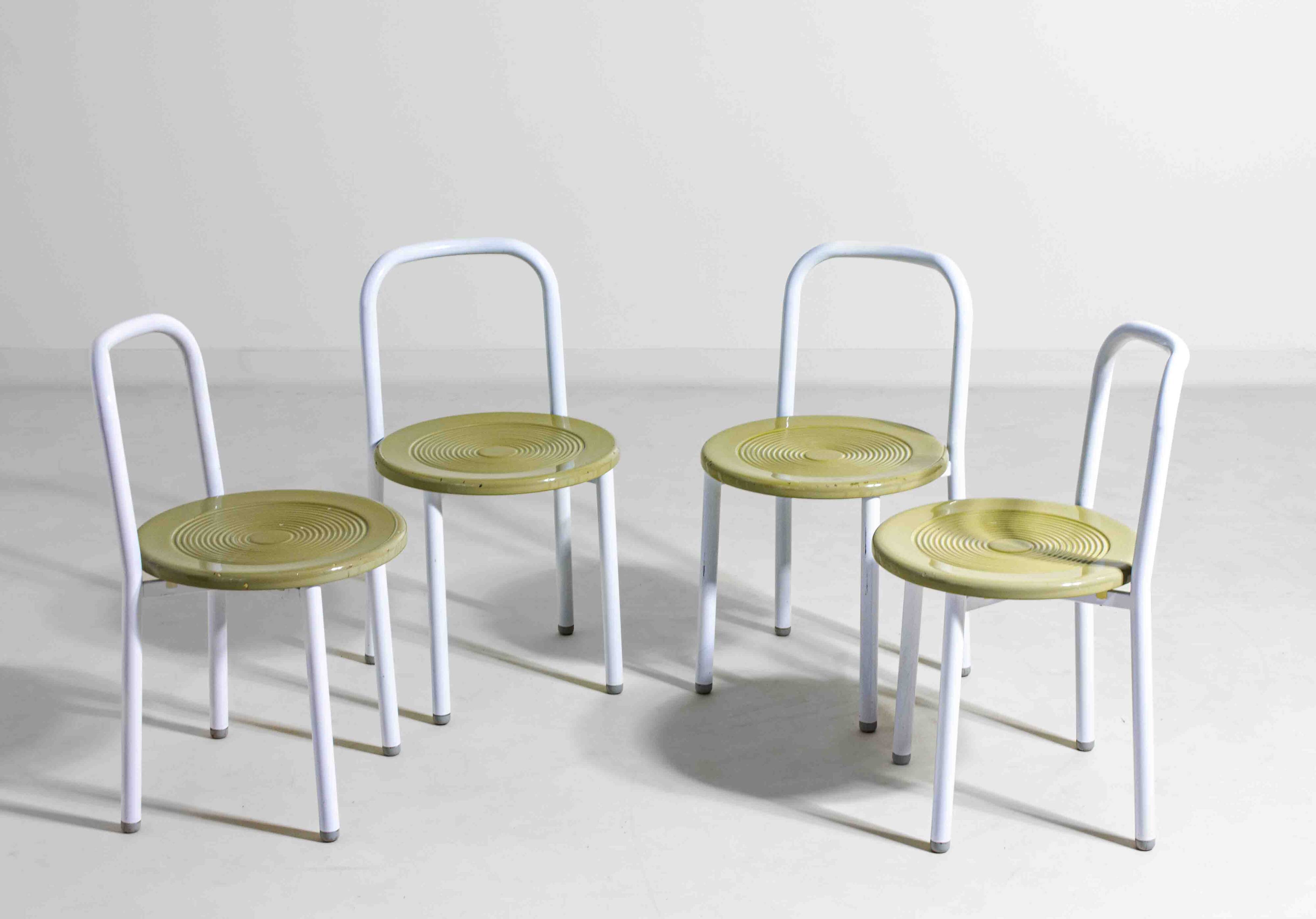 Set of four Italian postmodern metal chairs with sculpted seats, 1980s
