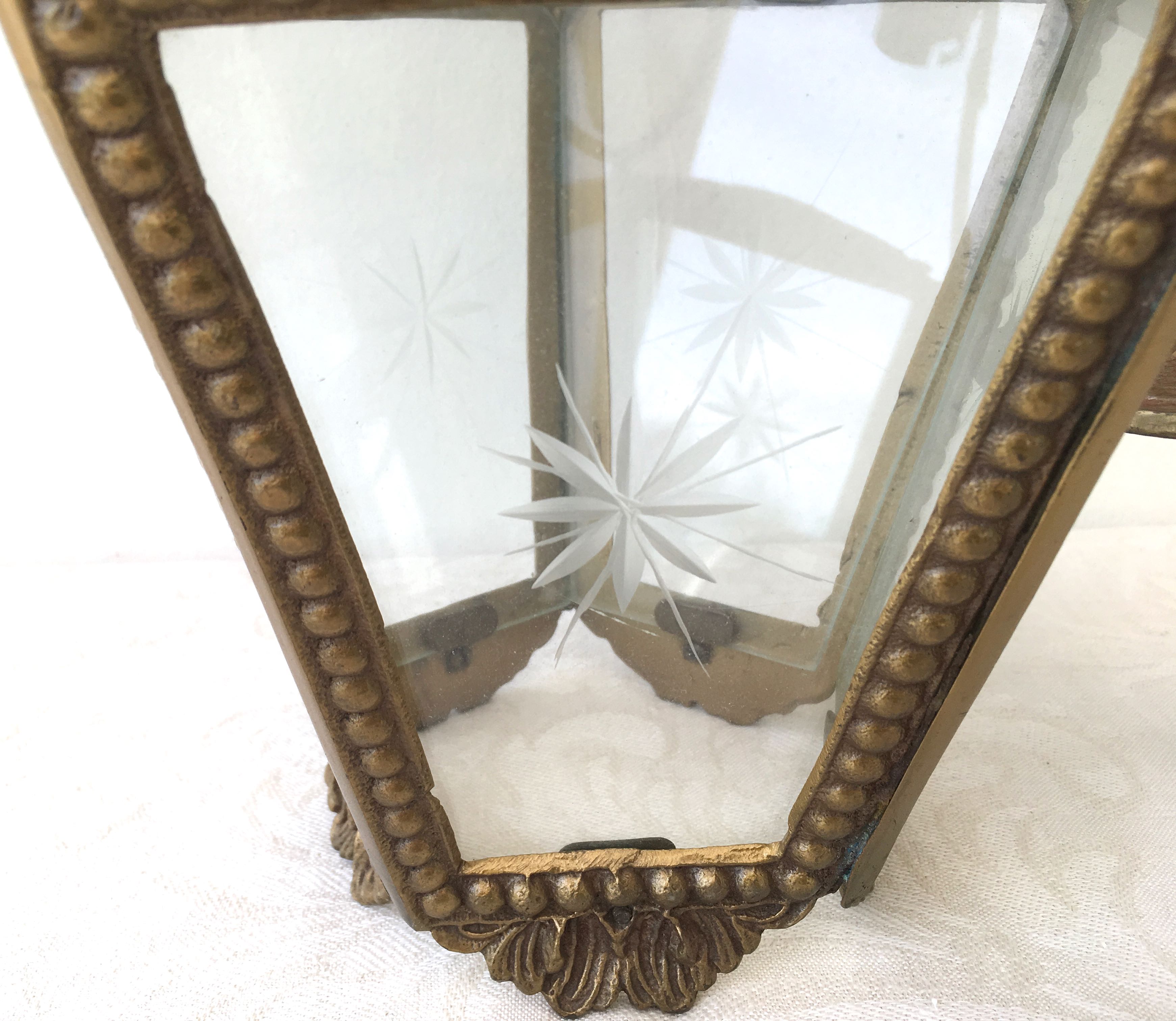 Hanging brass lantern and engraved glass