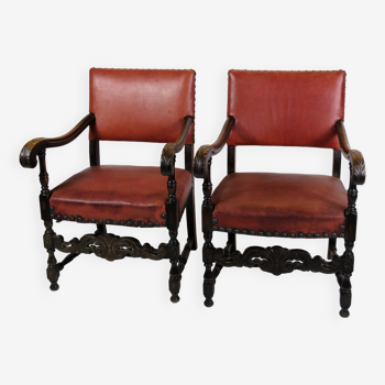 Ensemble de 2 fauteuils anciens en chêne et cuir rouge des années 1930