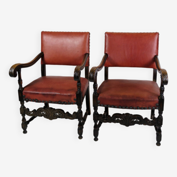 Set Of 2 Antique Armchairs Made In Oak & Red Leather From 1930s