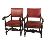 Ensemble de 2 fauteuils anciens en chêne et cuir rouge des années 1930