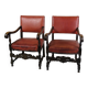 Set Of 2 Antique Armchairs Made In Oak & Red Leather From 1930s