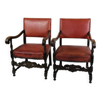 Ensemble de 2 fauteuils anciens en chêne et cuir rouge des années 1930