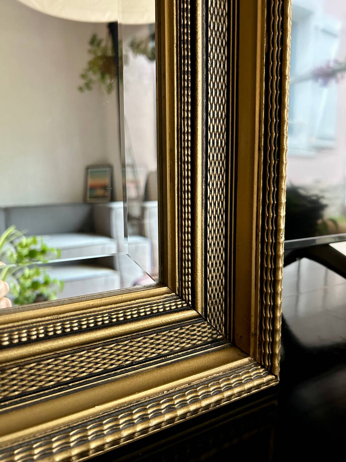 Large antique beveled mirror in the Napoleon III style - Gold and black frame