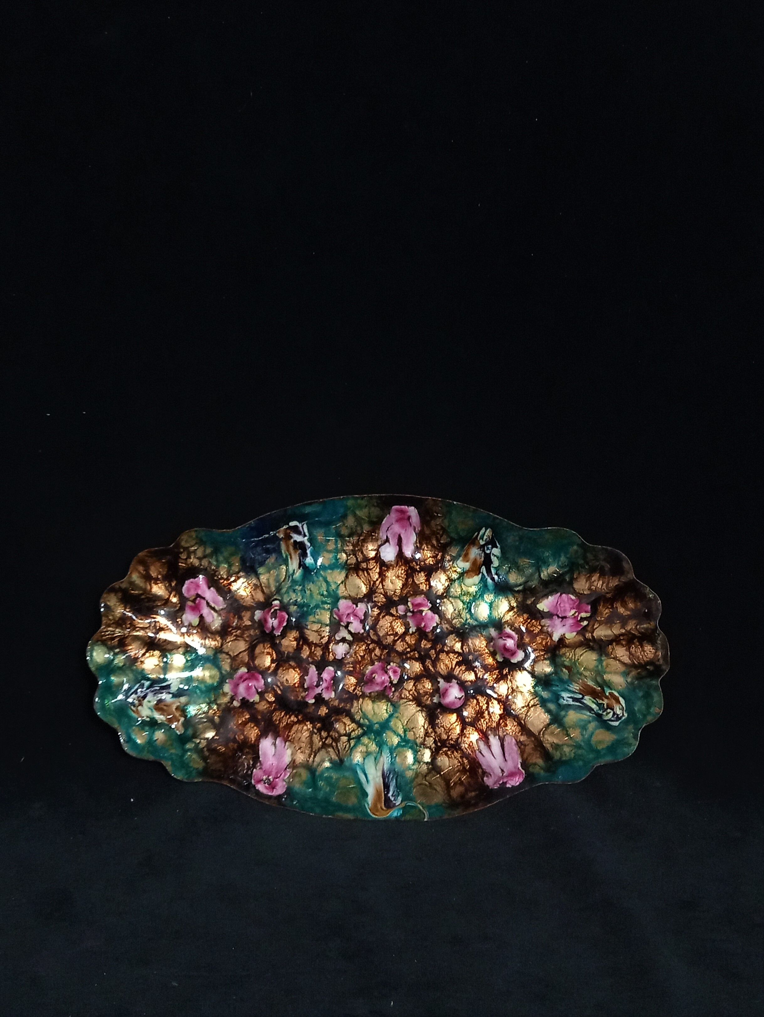 Two vintage enamelled copper tidies