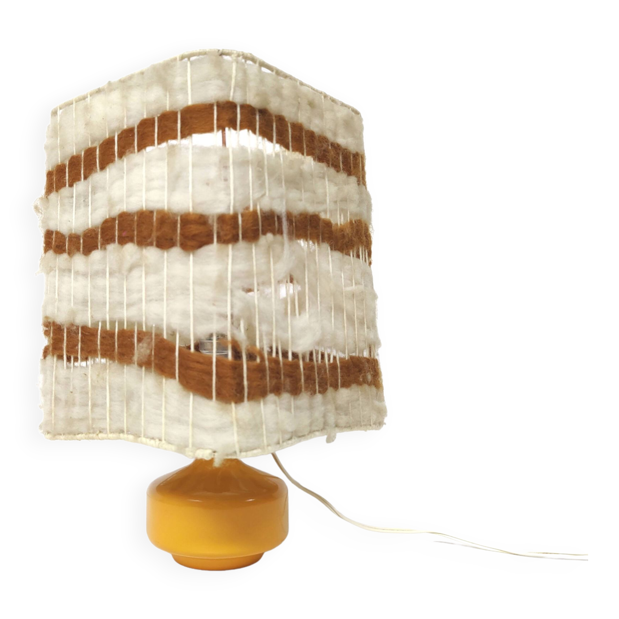 Orange ceramic lamp with vintage wool lampshade from the 70s