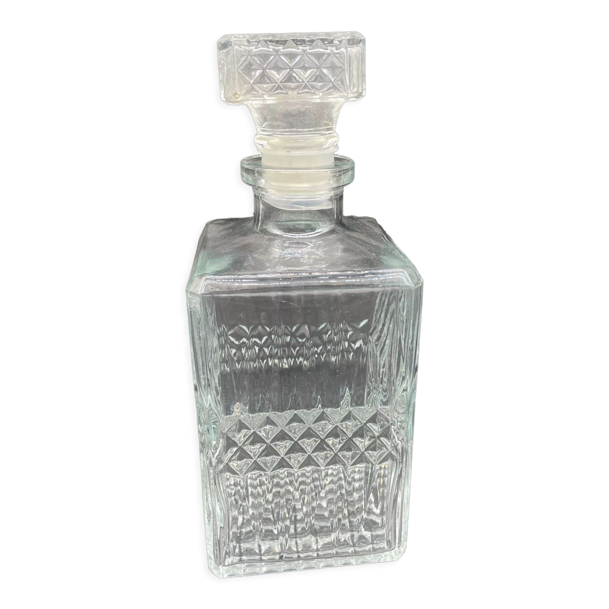 Vintage, whisky decanter, bottle, pitcher, cap, diamond decoration, spikes, 1960s, 1970s, Glass